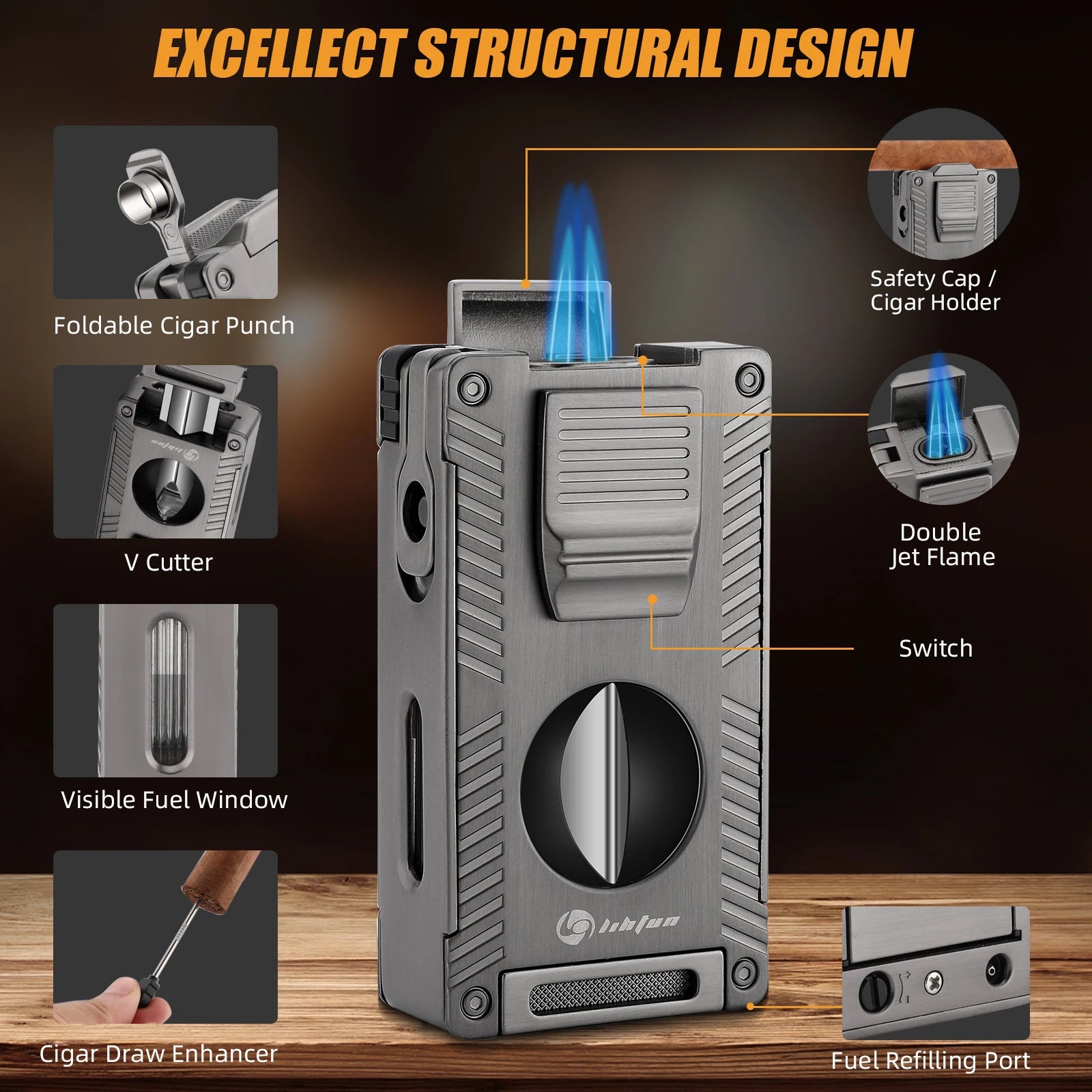 Cigar Torch Lighter, Cigar Punch Cigar Draw Enhancer Cigar Cutter V Cut,Double Jet Flame Refillable Butane Lighters for smoking