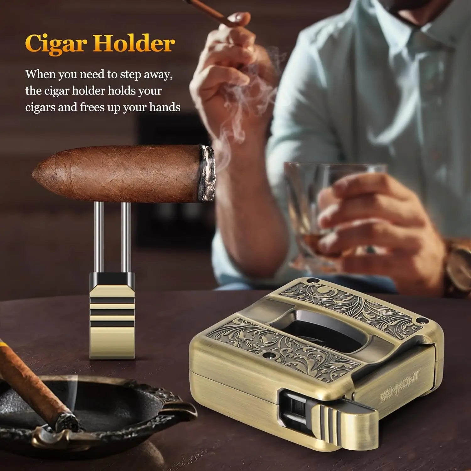 Cigar Cutter,4 in 1 Multifunction V Cut Cutter with Cigar Punch,Cigar Holder & Twin Nubber,Suitable for Max 60 Ring Gauge Cigars