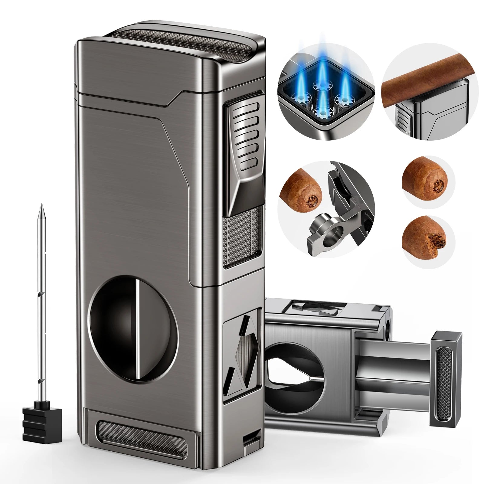 Cigar Lighter 4 Jet Flame Cigar Lighters with Cigar Cutter