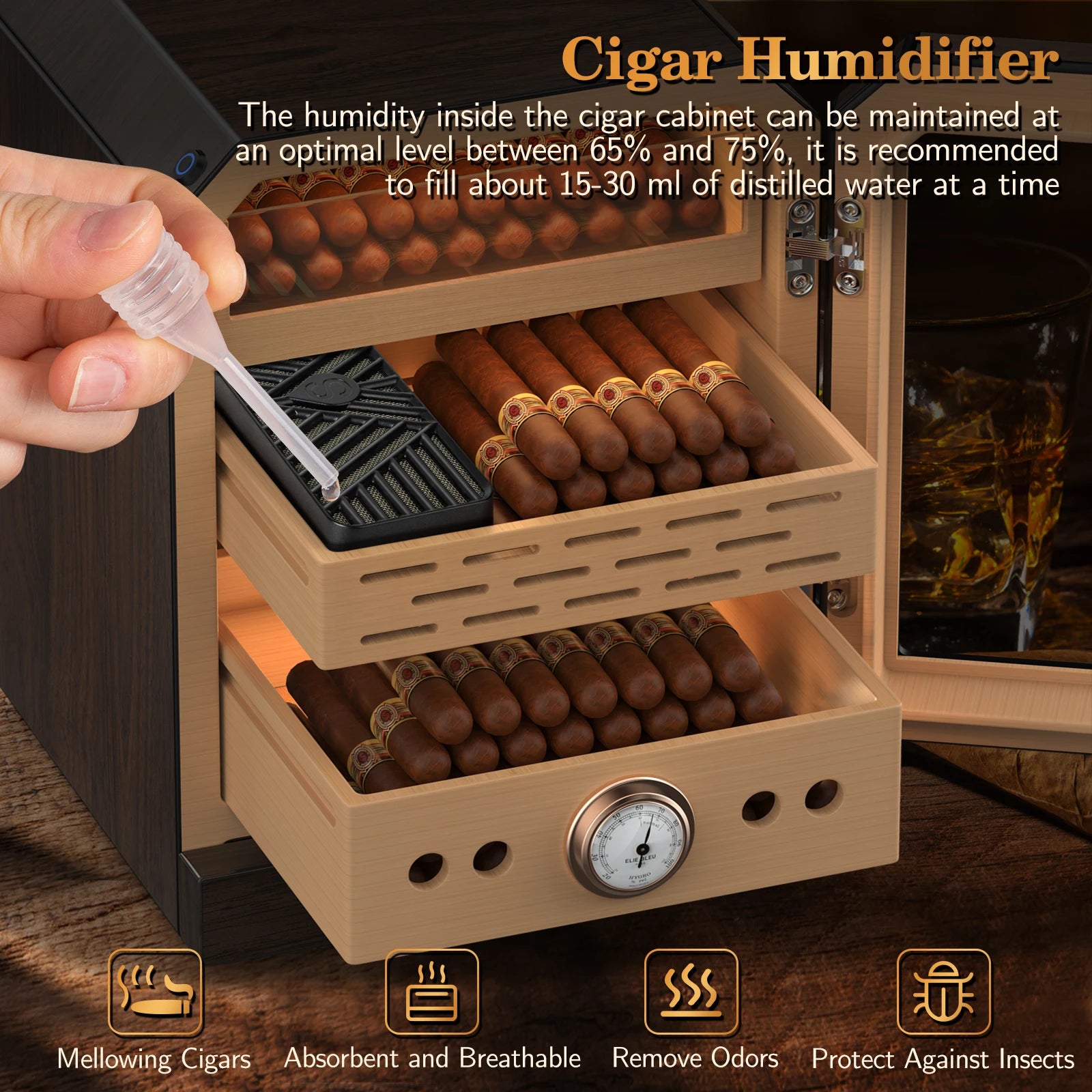 Cigar Humidor Lighted Control Magnetic Door Desktop Cigar Cabinet, Accessory Drawer and 2 humidifiers, 3 Layer Large Capacity