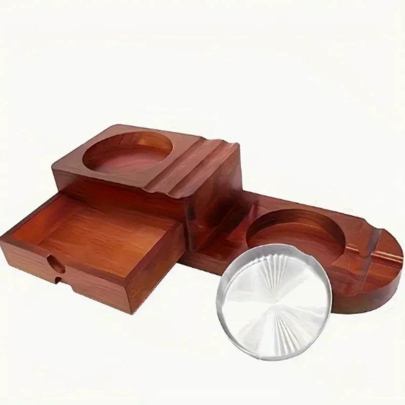 Whiskey Glass Tray Wooden Ashtray Set