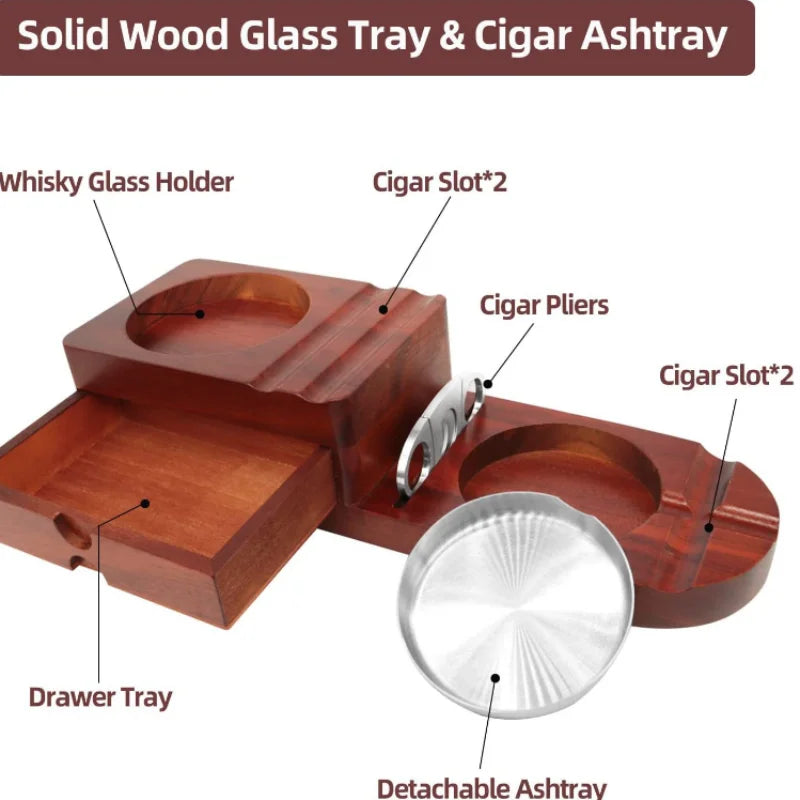 Whiskey Glass Tray Wooden Ashtray Set