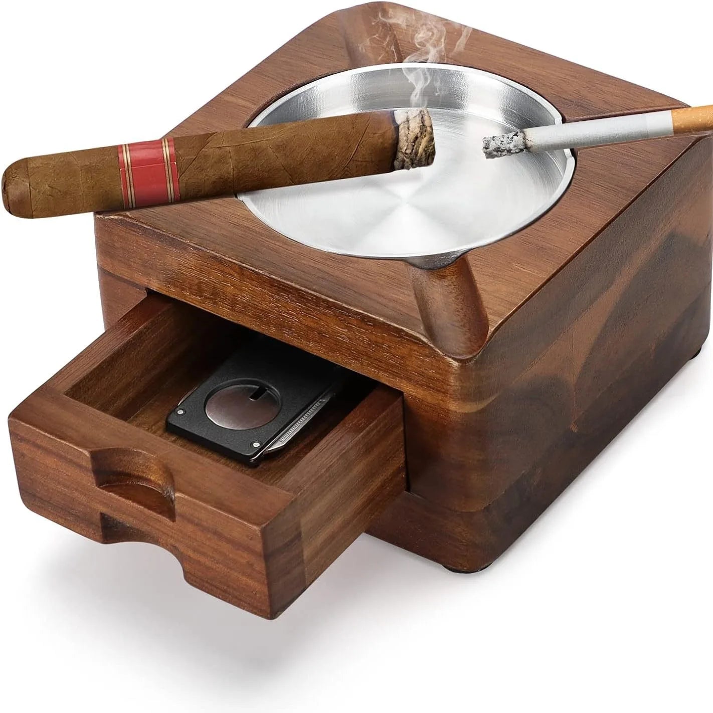 Cigar Ashtray, Wooden Ashtray, Square Ashtray 4 Slots Cigar Holder with Cigar Accessories Drawer for Indoor Outdoor Patio Home O