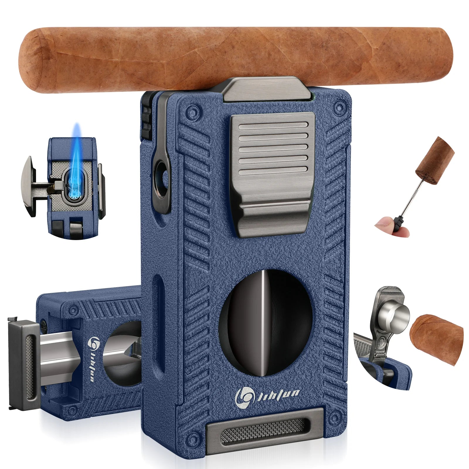 Cigar Torch Lighter, Cigar Punch Cigar Draw Enhancer Cigar Cutter V Cut,Double Jet Flame Refillable Butane Lighters for smoking