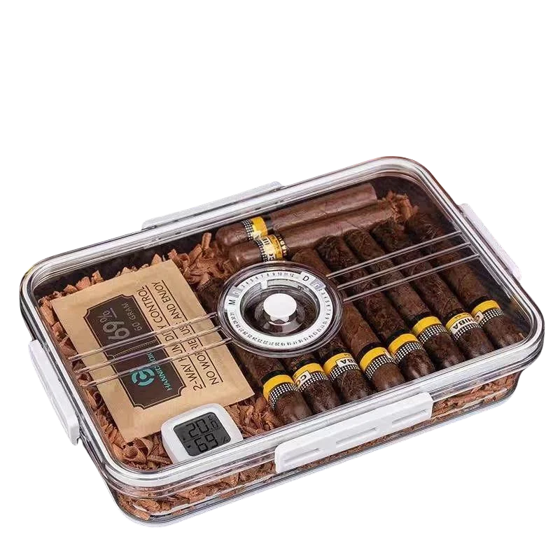 Cigar Humidor Transparent Sealed Moisture-Proof Moisturizing Cedar Wood Shelf Alcohol Nourishing Double-Layer Lock Portable Cigarette Box
