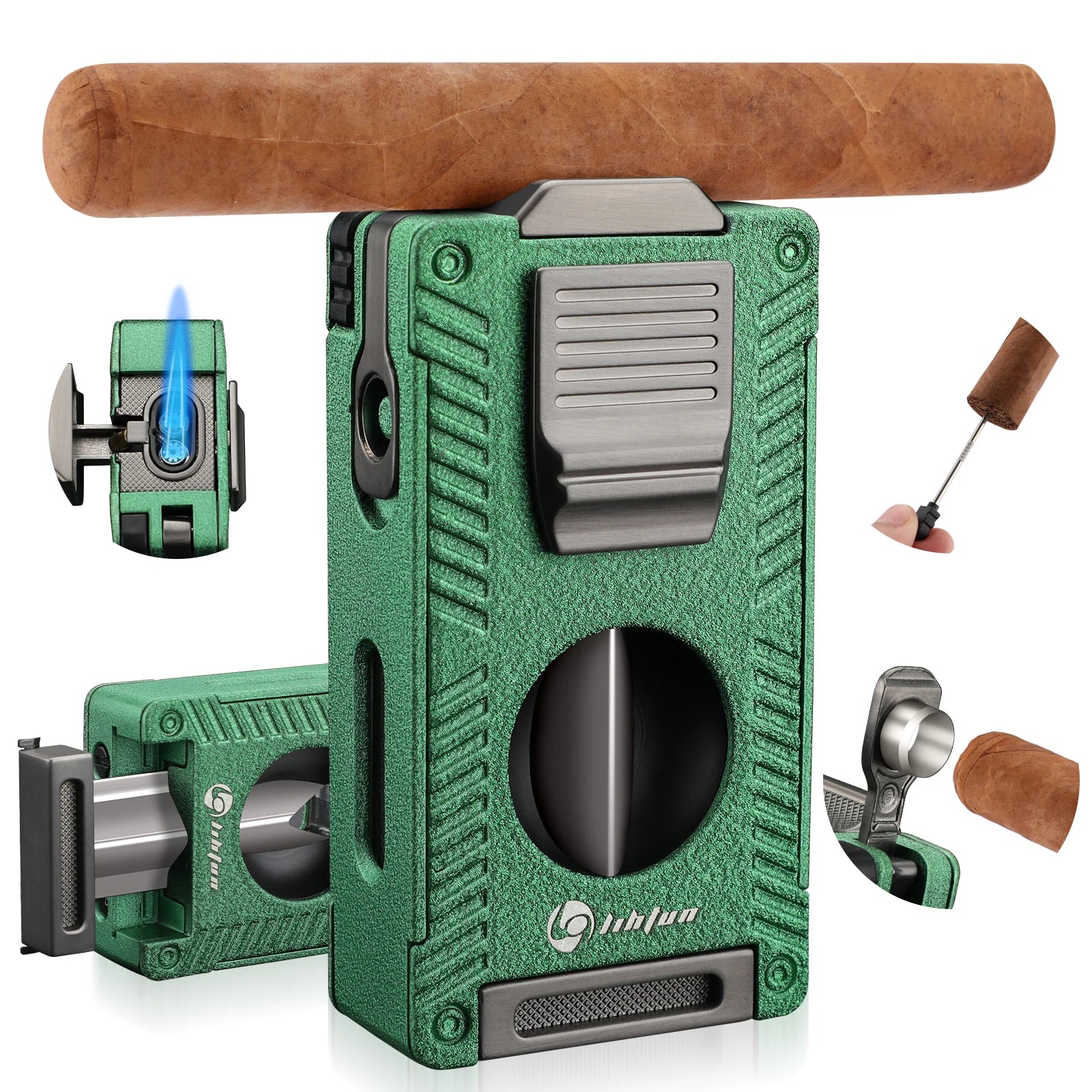 Cigar Torch Lighter, Cigar Punch Cigar Draw Enhancer Cigar Cutter V Cut,Double Jet Flame Refillable Butane Lighters for smoking