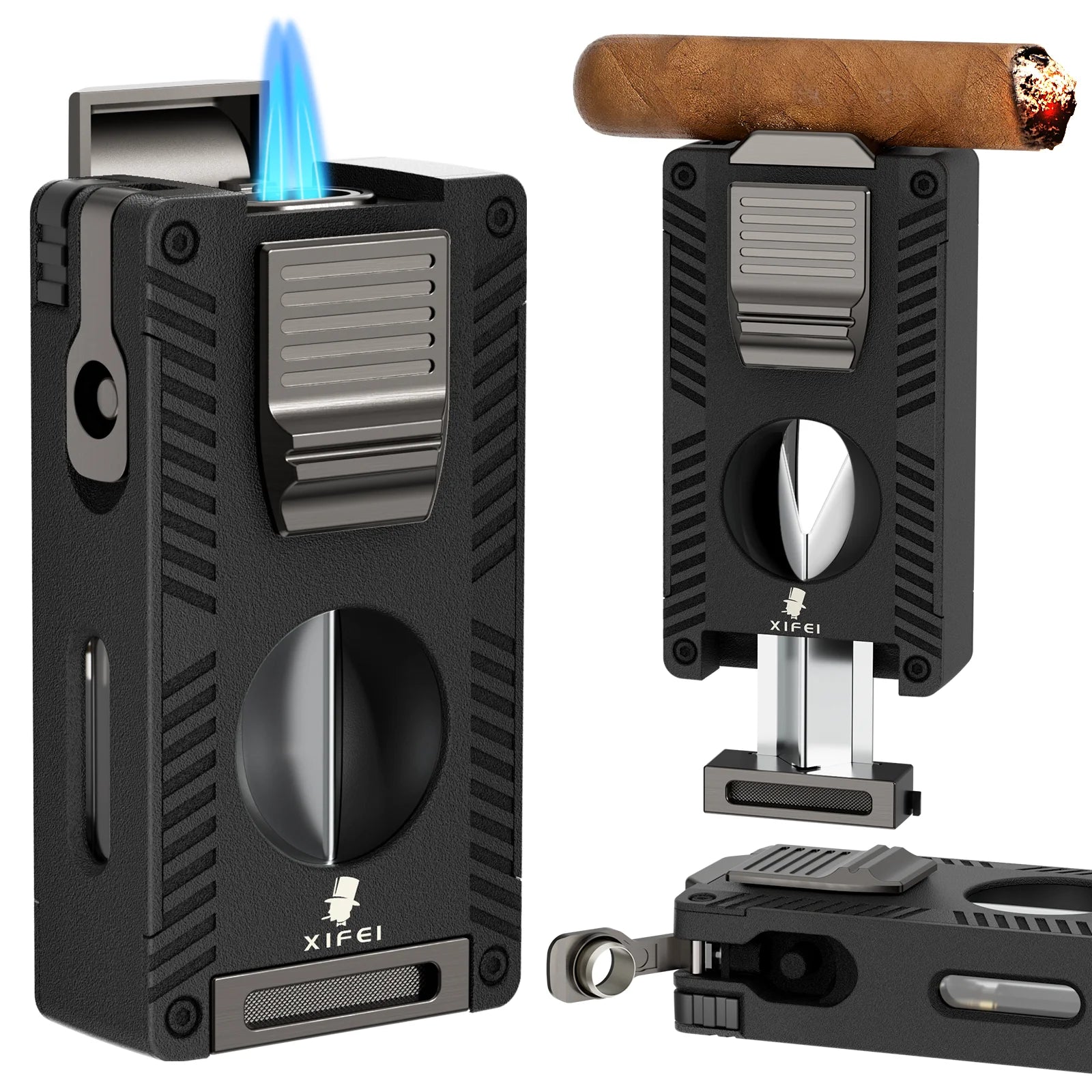 Cigar Torch Lighter, Cigar Punch Cigar Draw Enhancer Cigar Cutter V Cut,Double Jet Flame Refillable Butane Lighters for smoking