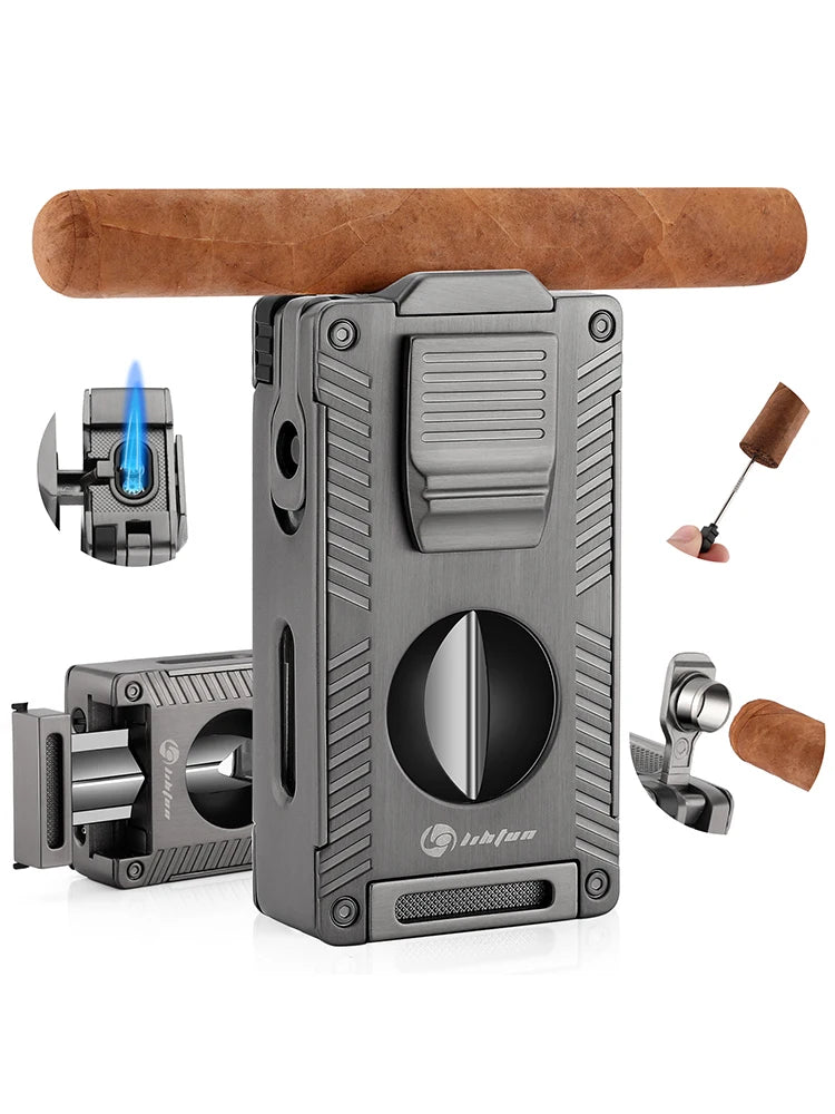 Cigar Torch Lighter, Cigar Punch Cigar Draw Enhancer Cigar Cutter V Cut,Double Jet Flame Refillable Butane Lighters for smoking