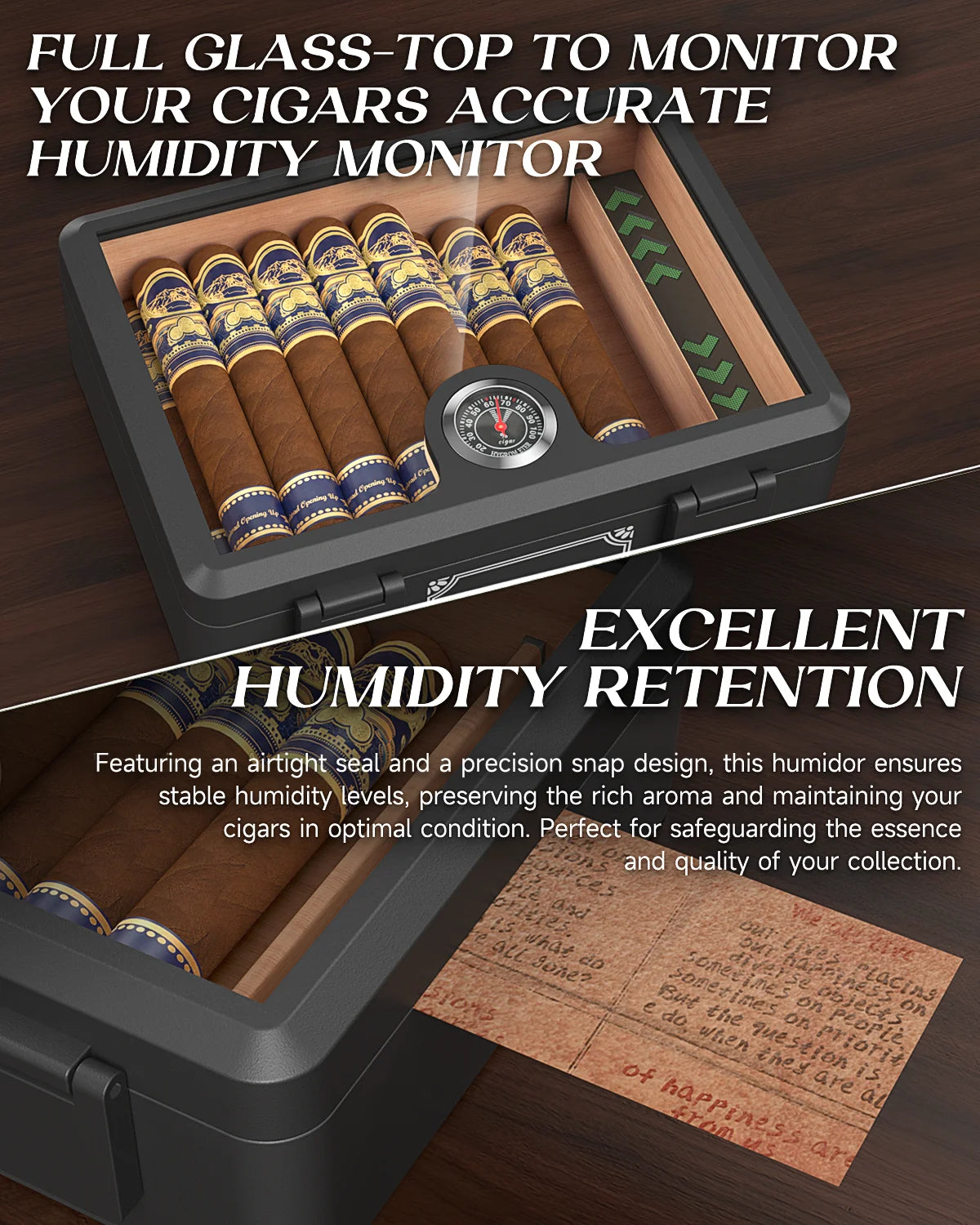 Cigar Humidor,Full Glass Top Cigar Box with Humidifier and Hygrometer,Crushproof Case,Cedar Wood Lining Storage for 20-25 Cigars