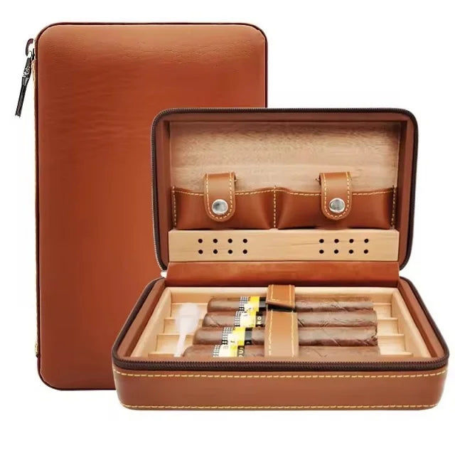 Cedarwood Cigar Case Travel Leather Cigar Box Storage of 4 Cigar Humidor Kit Portable Cedarwood Humidifying Holder Accessories