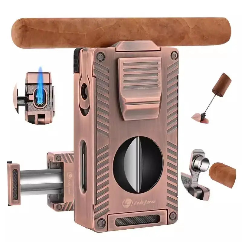 Cigar Torch Lighter, Cigar Punch Cigar Draw Enhancer Cigar Cutter V Cut,Double Jet Flame Refillable Butane Lighters for smoking