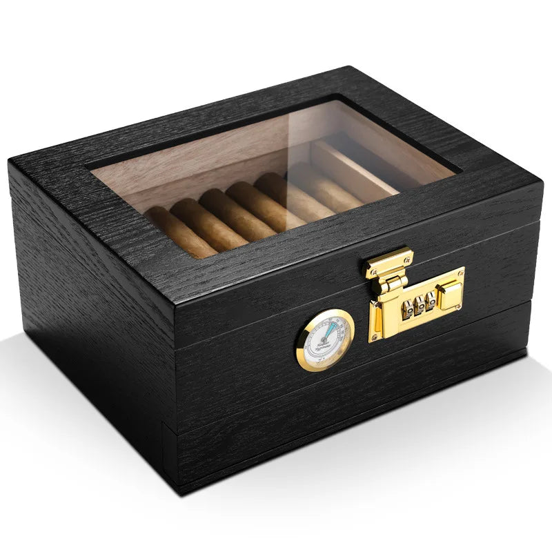 Secure Cedar Humidor with Combination Lock and Hygrometer – Large Capacity with Built-in Humidifier for Cigar Preservation