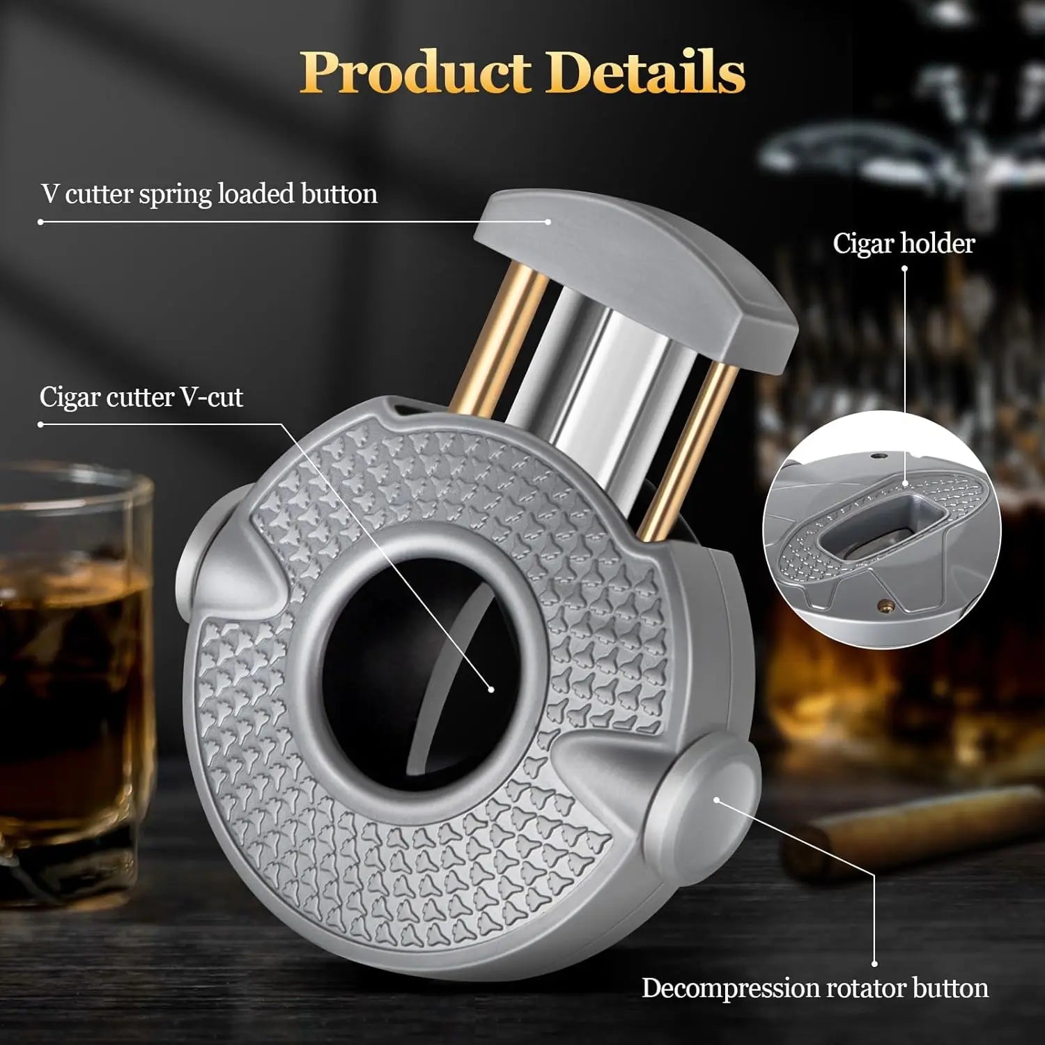 3 in 1 Cigar Cutter, Cigar Holder and Decompression Rotator, Round Cigar Cutter Ergonomically Designed, Gift for Cigar Lovers