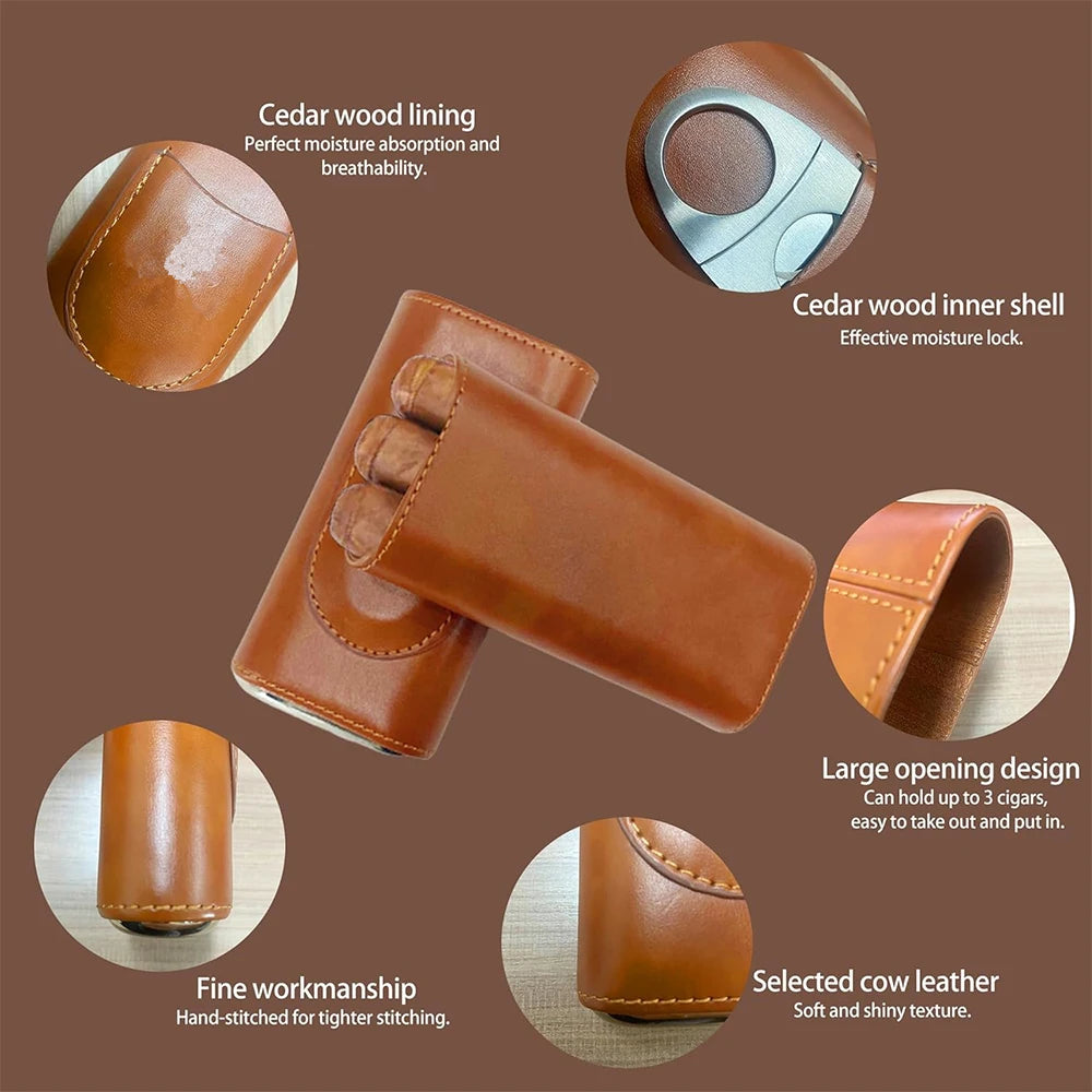 Cigar Case Travel Humidor Kit Leather Cigar Case Cedar Wood Lining Travel Humidors for Cigars With Stainless Steel Cigar Cutter