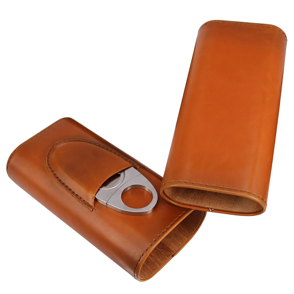 Cigar Case Travel Humidor Kit Leather Cigar Case Cedar Wood Lining Travel Humidors for Cigars With Stainless Steel Cigar Cutter