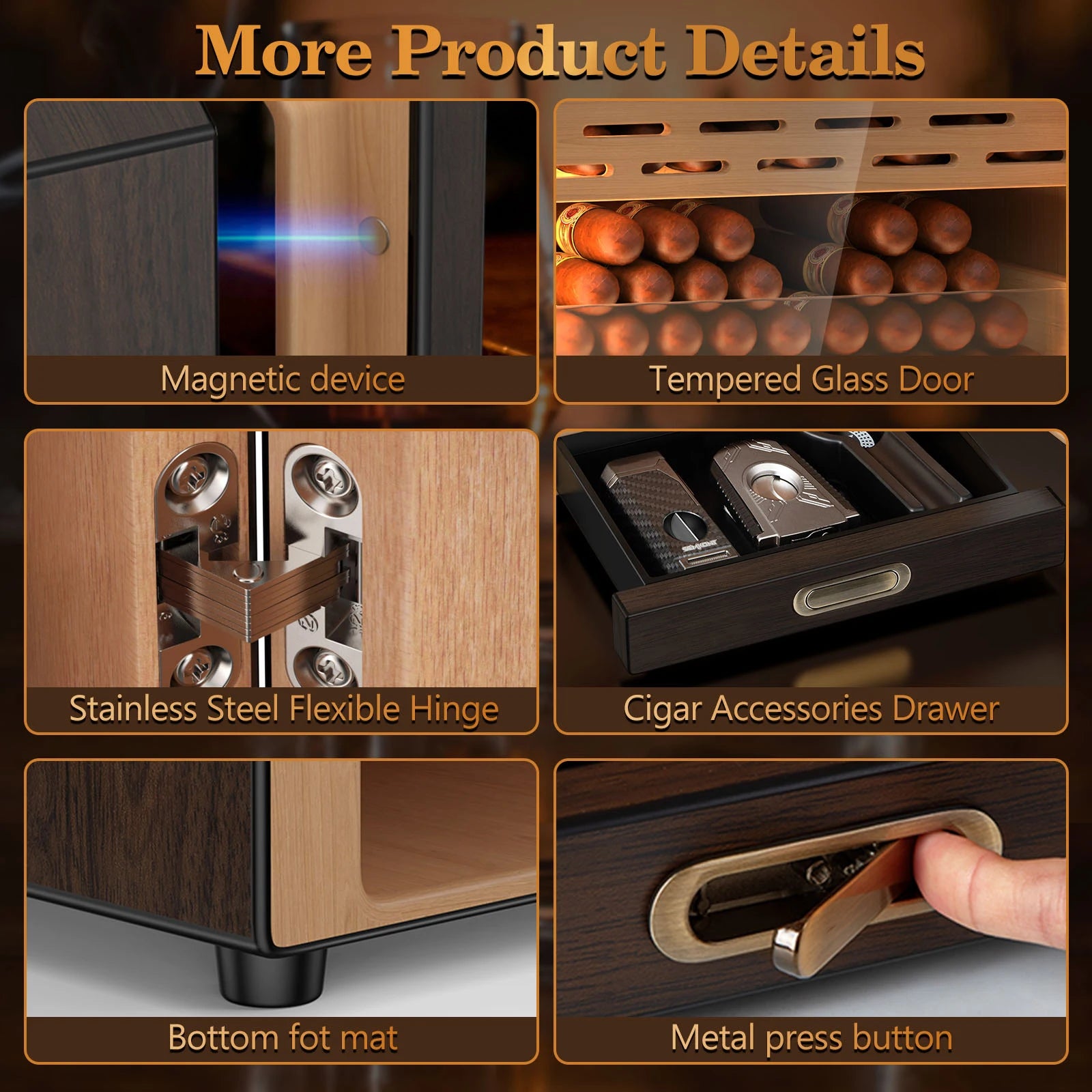 Cigar Humidor Lighted Control Magnetic Door Desktop Cigar Cabinet, Accessory Drawer and 2 humidifiers, 3 Layer Large Capacity