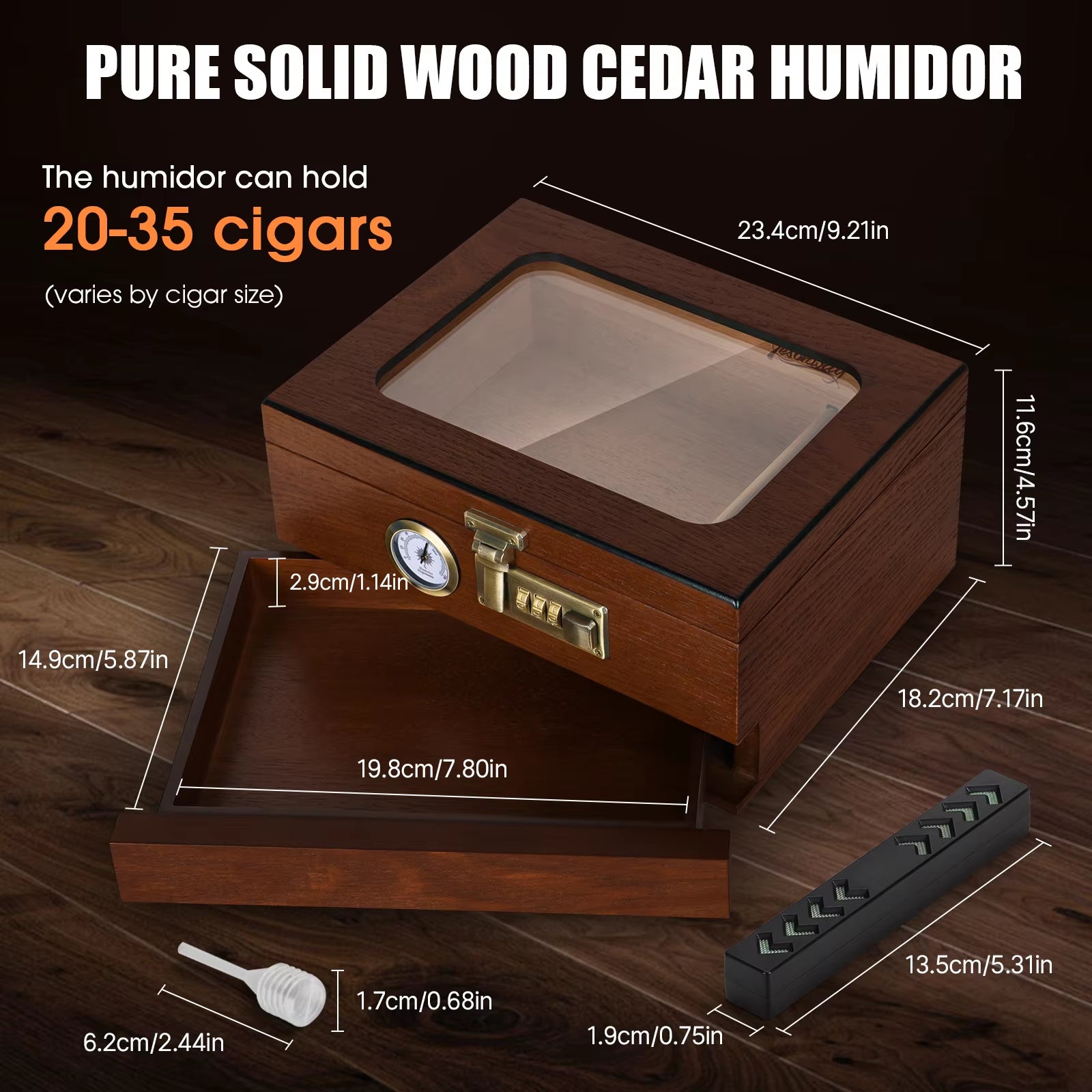 Cedar Wood Cigar Humidor with Glass Top, Front Hygrometer, Humidifier, Divider, and Accessories Drawer