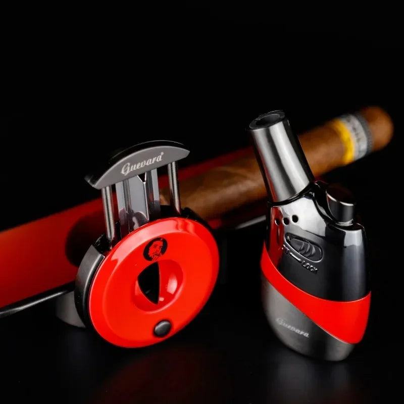 GUEVARA Cigar Humidor Lighter Cutter Ashtray Single Jet Torch Gas Butane Cedar Wooden Box with Smoking Accessories Set