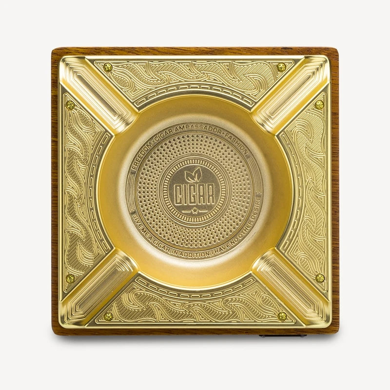 LUBINSKI Cigar Ashtray Wood 4 Slot Cigar Trays Pure Copper Electroplated Engraved Merbau Living Room Cigar Ashtray CA-053