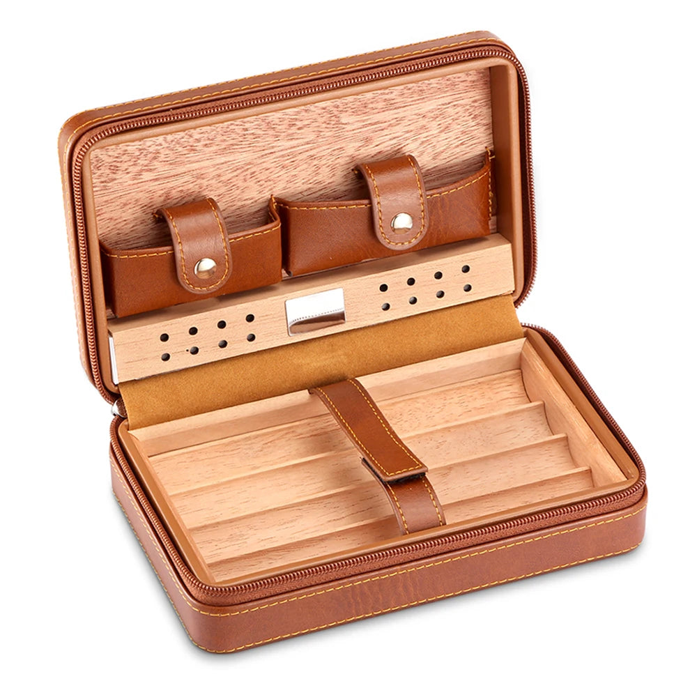 Portable Humidor Cigar Box Travel Cigar Case Leather Cedar Wood Cigar Humidor Box W/ Cutter Lighter Puro Set Accessories