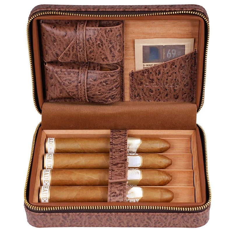 Portable Cedar Wood Cigar Case Box, Cedar Wood, Humidor with Cigar Cutter, Lighter, 4 Sticks, Pocket Gift
