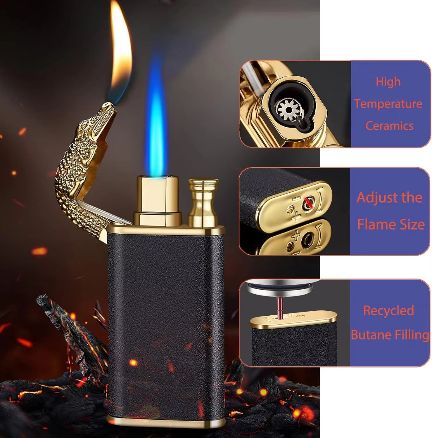 Cool Magic Crocodile Dual Flame Torch Lighter Windproof Jet Torch Lighter Refillable Butane for Outdoor Indoor(Without Butane)