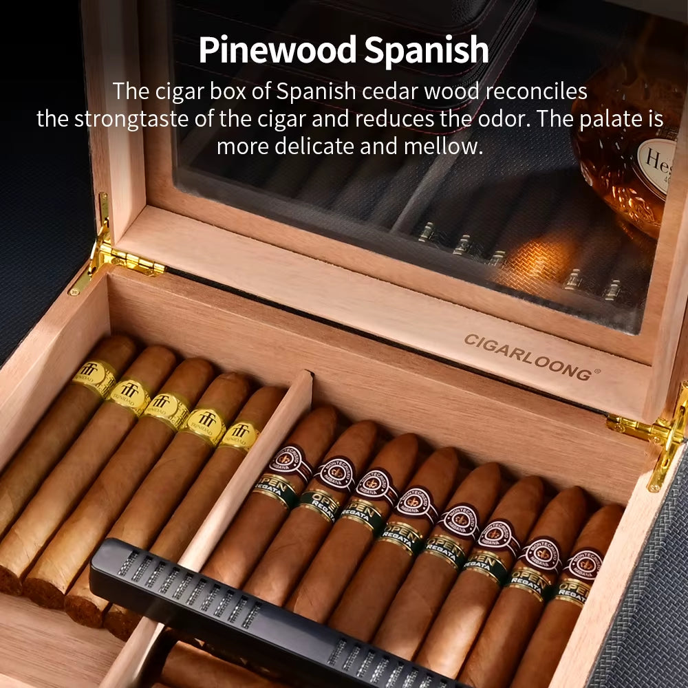 Spanish Cedar Wood Cigar Humidor with Hygrometer Humidifier High Transparent Skylight Cigar Humidor Portable Travel Cigar Case