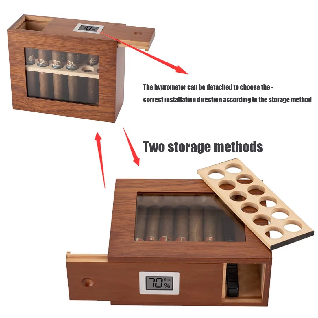 Cigar Humidor W/ Hygrometer Humidifier Portable Glass Window Box Cedar Wood Handcrafted Case Fit 12-25 Cigars Storage Cabinet