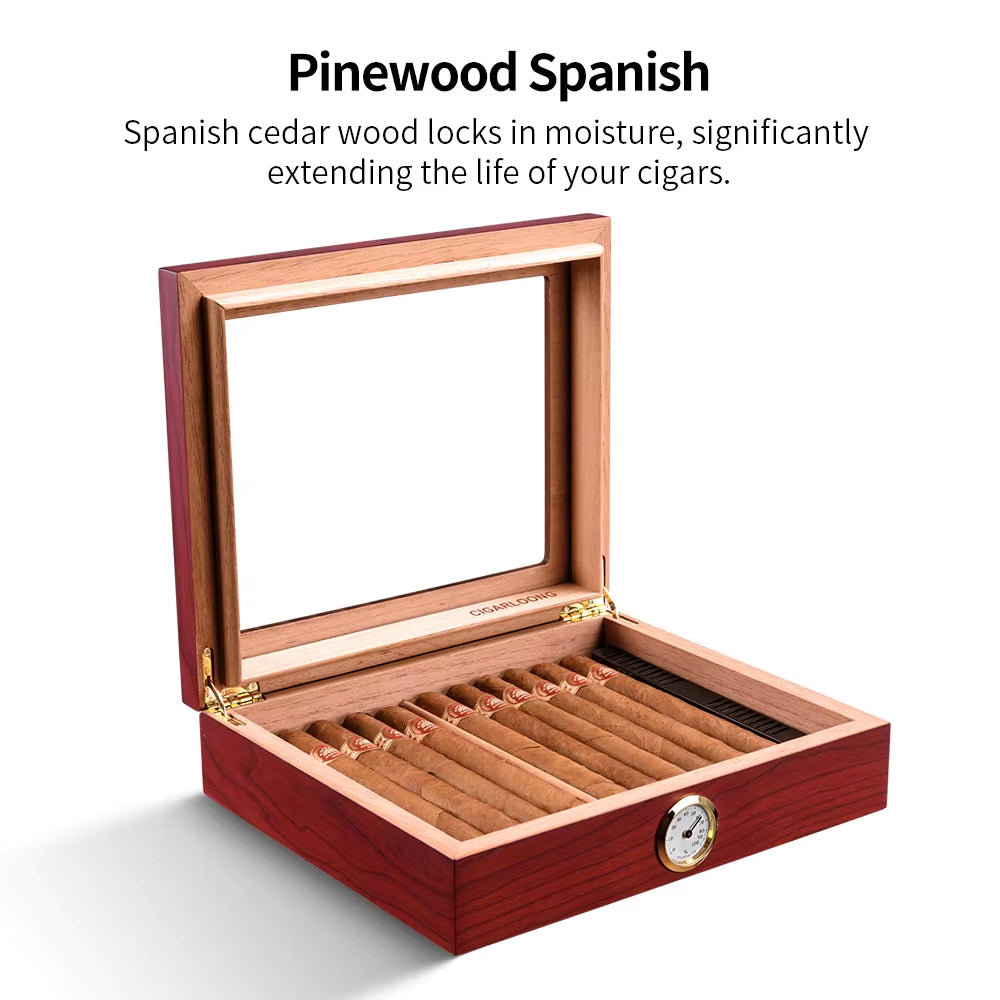 Cigar Humidor Box Cedar Wood with Humidifier Cigar Portable Travel Case Cigar Box with Metal Hygrometer Fit 35Pcs