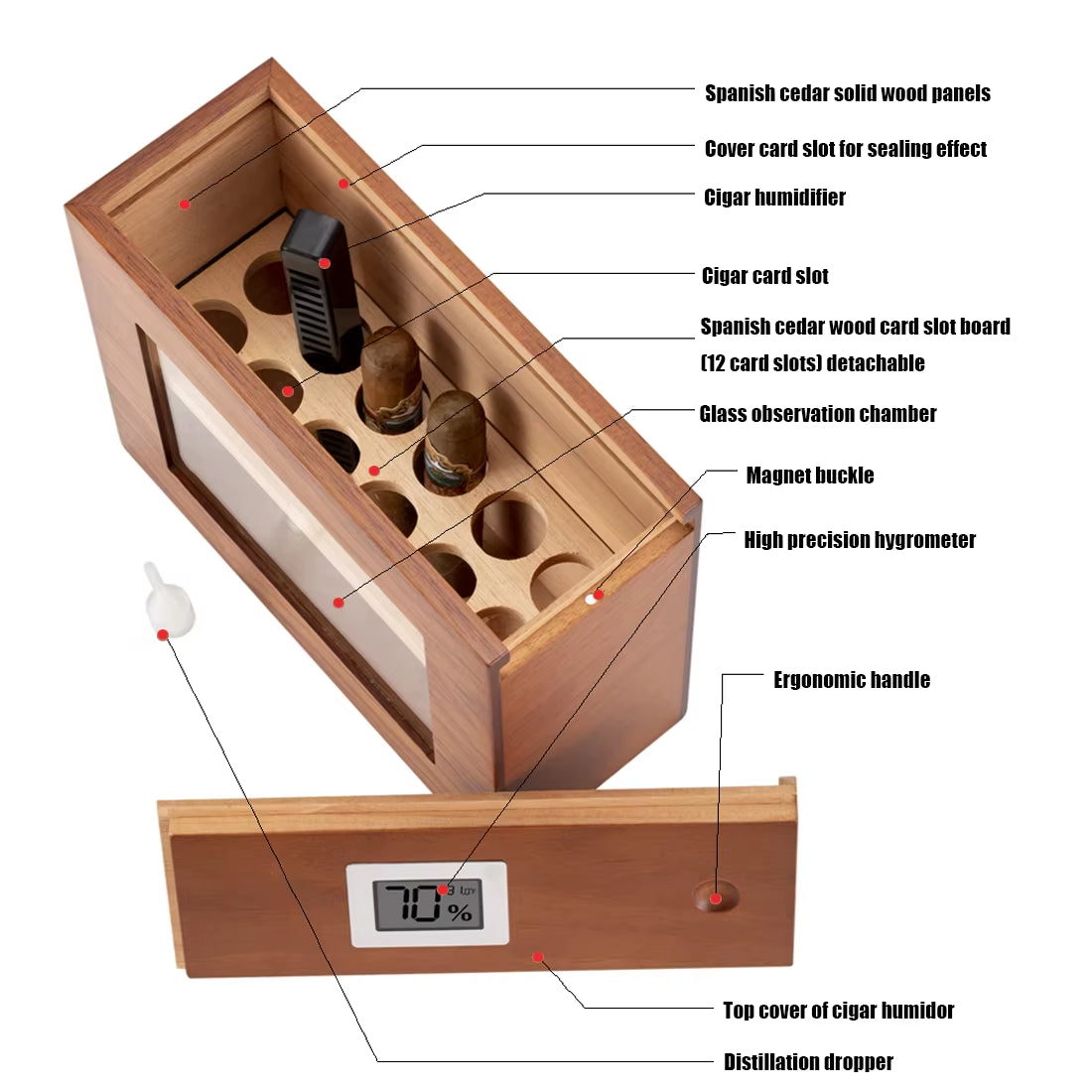 Cigar Humidor W/ Hygrometer Humidifier Portable Glass Window Box Cedar Wood Handcrafted Case Fit 12-25 Cigars Storage Cabinet