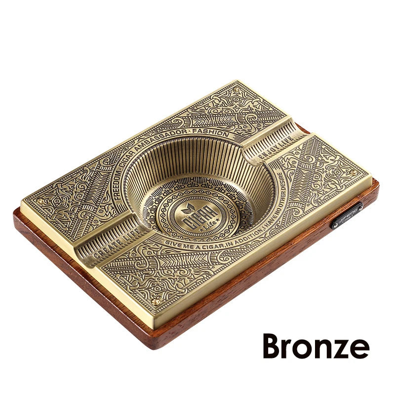 Retro Titanium Alloy Cigar Ashtray Home Wooden Metal Ash Tray Outdoor Luxury Hold 2 Cigars Cigarette Accessories Luxury Bronze