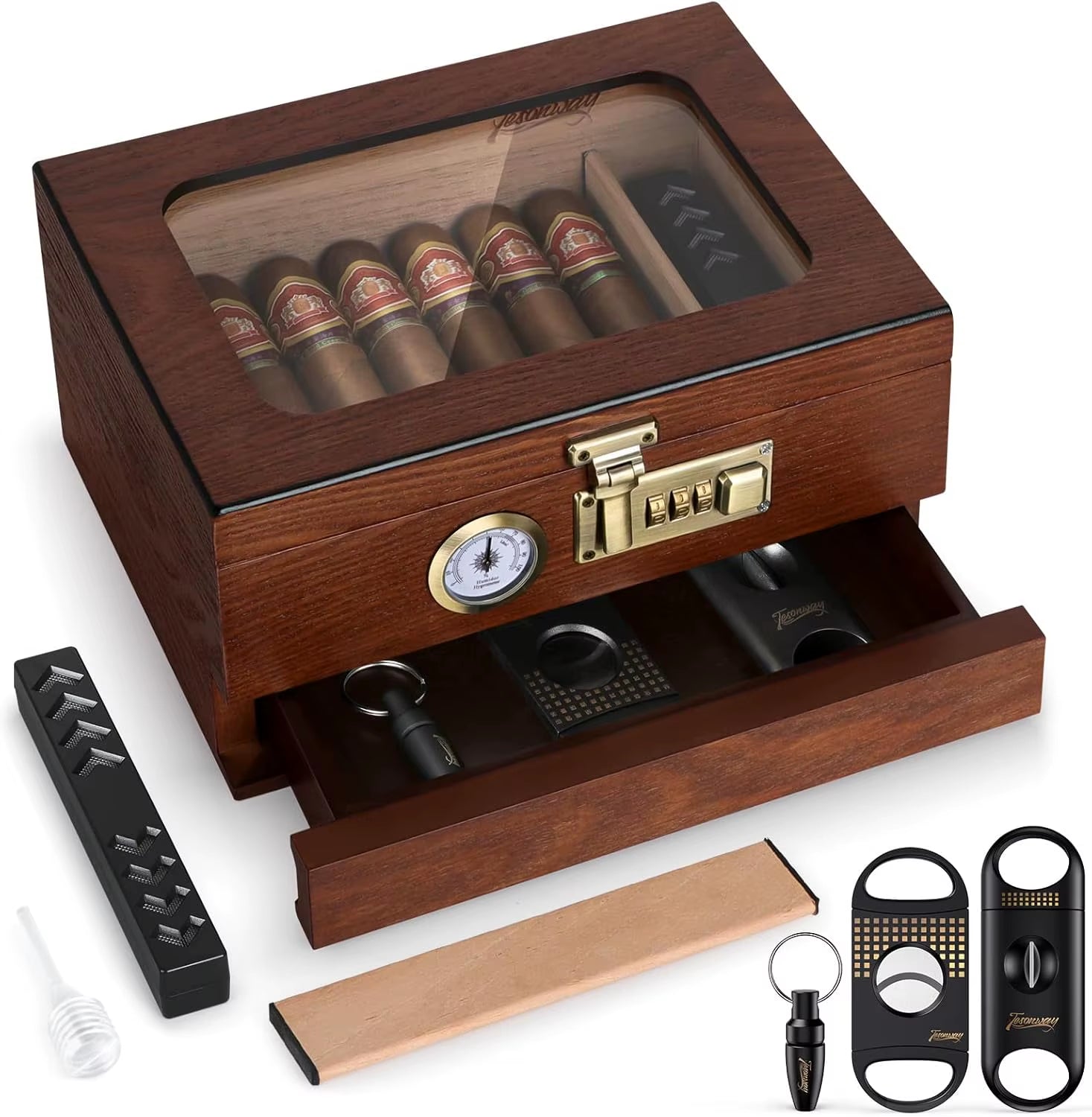Cedar Wood Cigar Humidor with Glass Top, Front Hygrometer, Humidifier, Divider, and Accessories Drawer