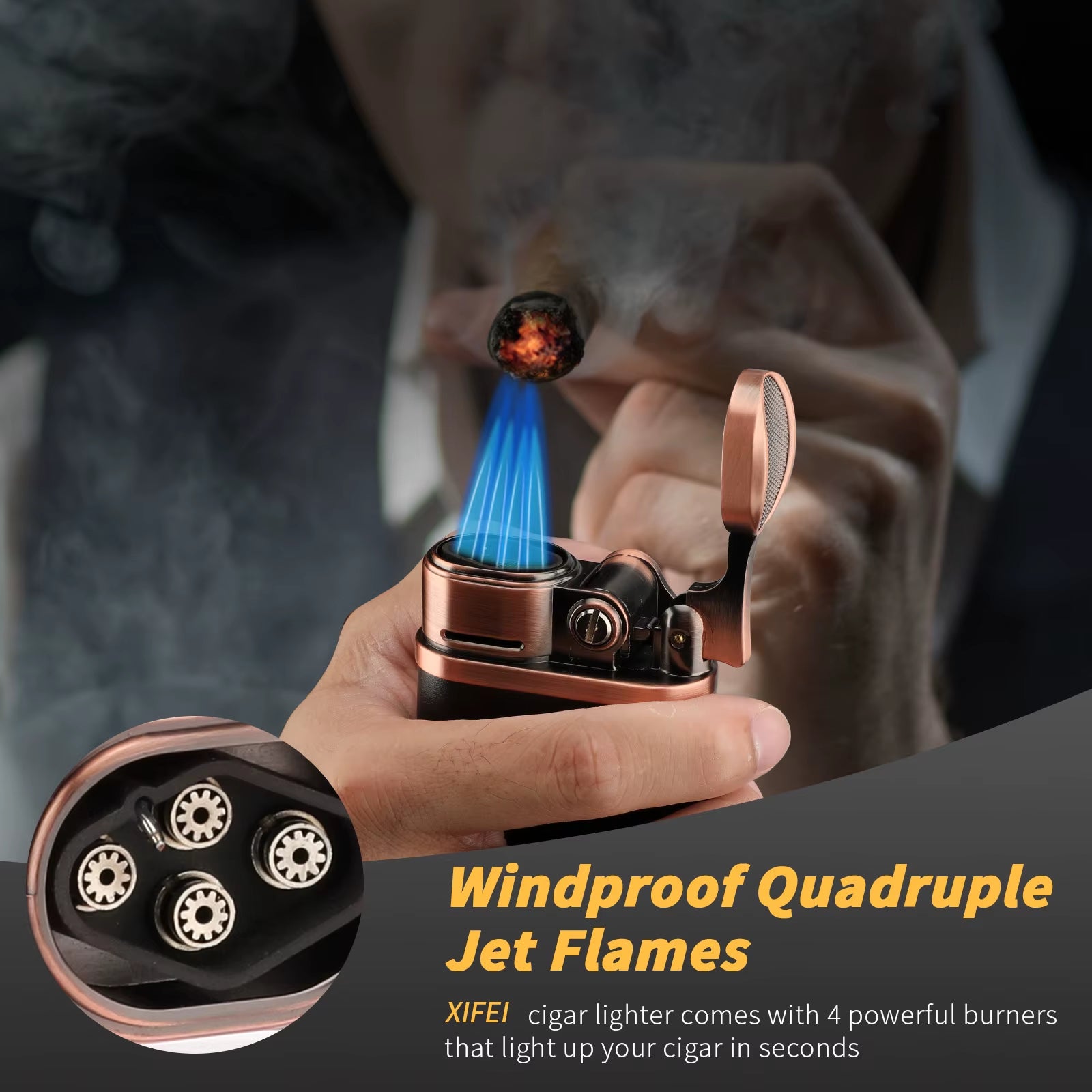 Cigar Lighter 4 Jet Flame Torch Lighter with Cigar Holder, Windproof Rocker Arm Butane Lighter Adjustable Flame