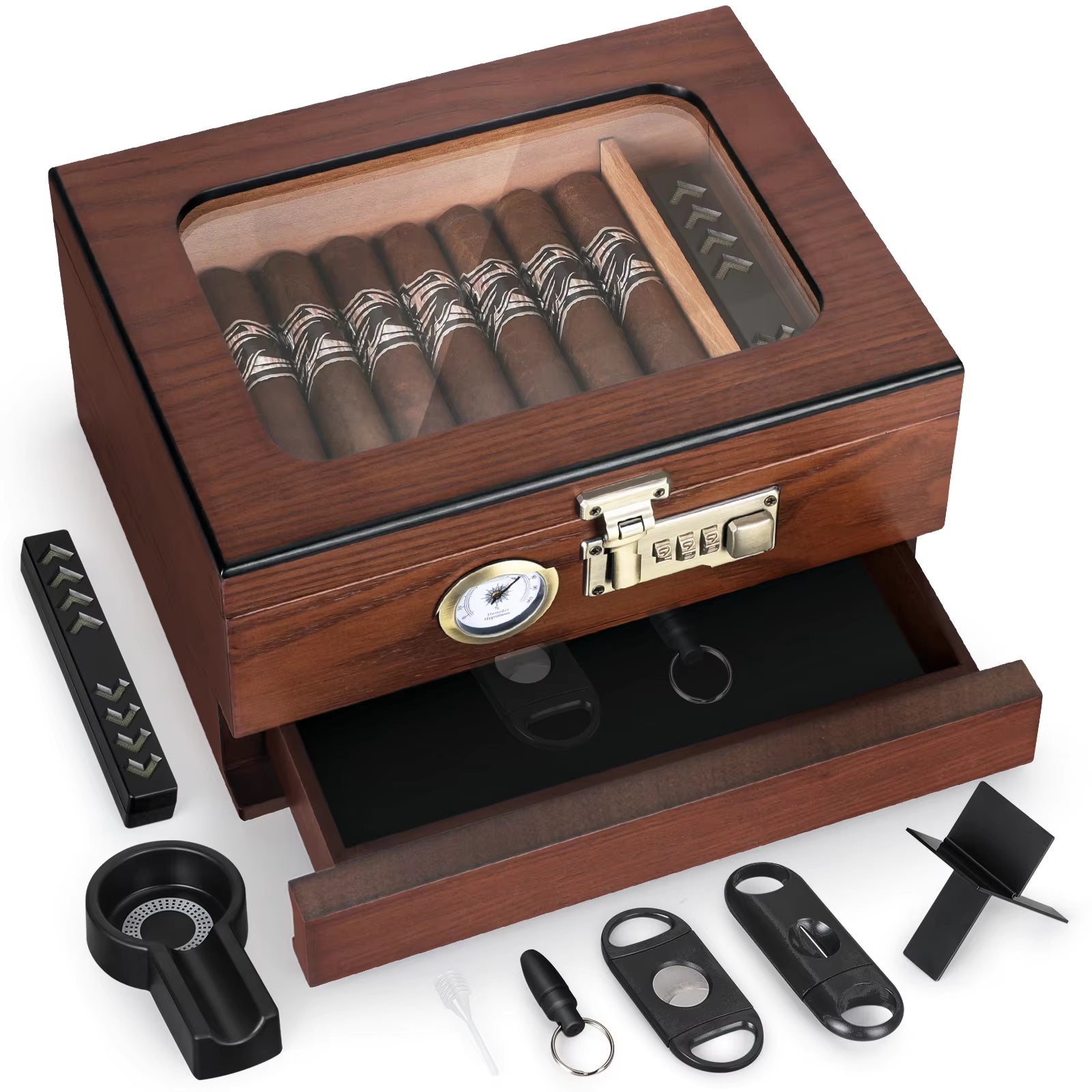Cedar Wood Cigar Humidor with Glass Top, Front Hygrometer, Humidifier, Divider, and Accessory Drawer