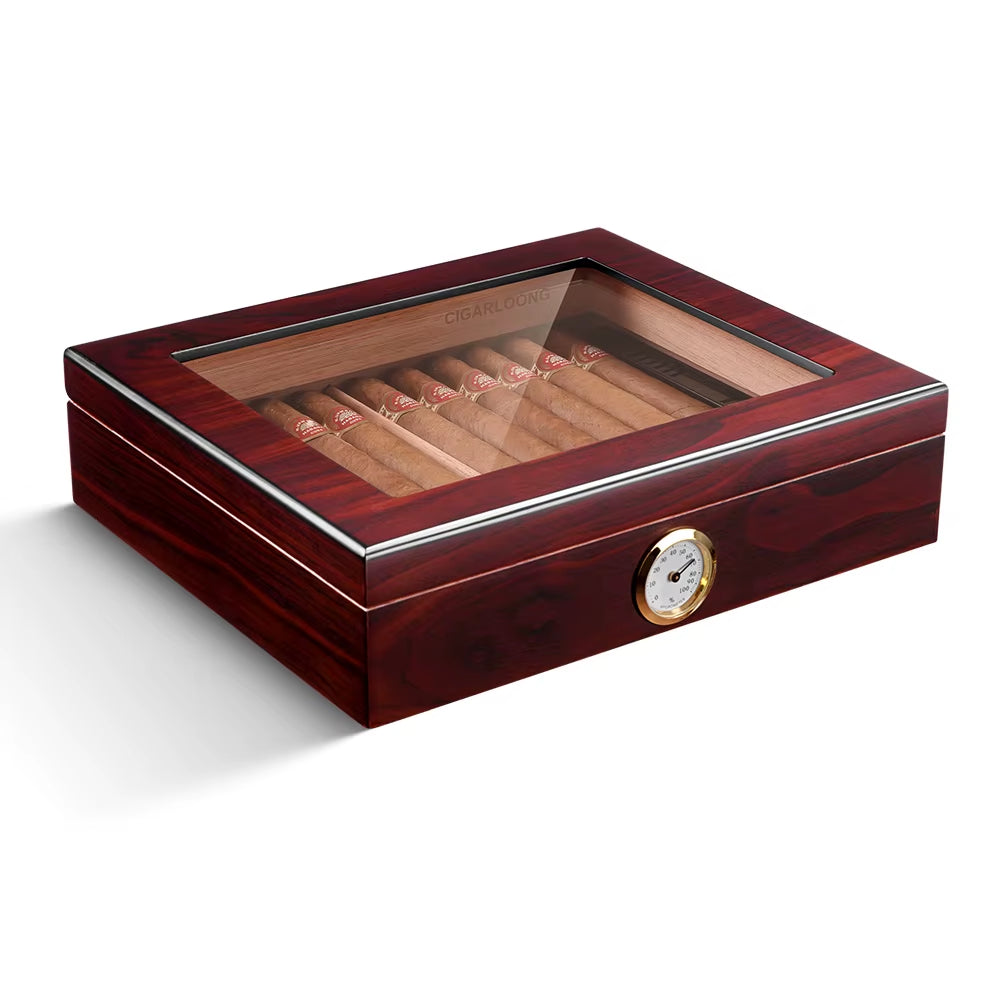 Spanish Cedar Wood Cigar Humidor with Hygrometer Humidifier High Transparent Skylight Cigar Humidor Portable Travel Cigar Case
