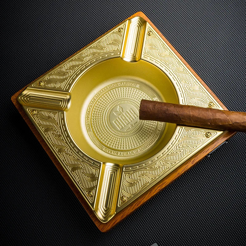 LUBINSKI Cigar Ashtray Wood 4 Slot Cigar Trays Pure Copper Electroplated Engraved Merbau Living Room Cigar Ashtray CA-053